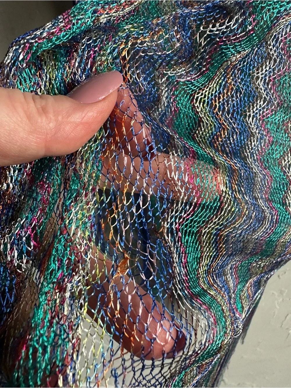 Metallic Mesh Knit Fringe Shawl Teal Blue Boho Festival Y2K Scarf 74x34